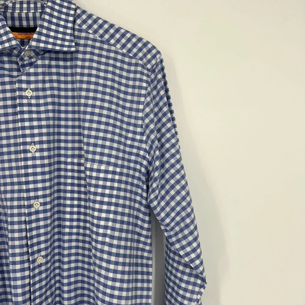 Davide Cenci Shirt Mens‎ 42 / 16.5 Plaid Blue Career Suiting Checkered Cotton